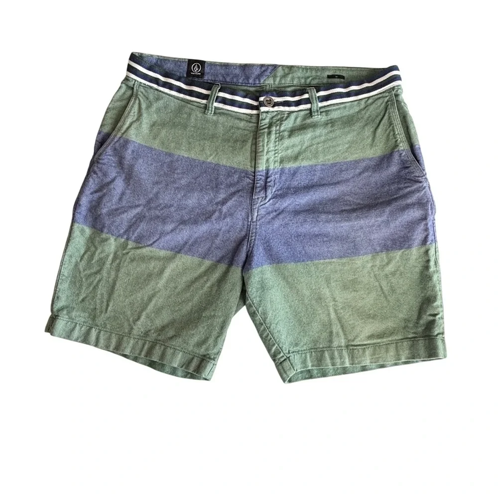 Volcom‎ Mens Chino Shorts Size 38 Green Blue Colorblock Striped Twill Skate Surf